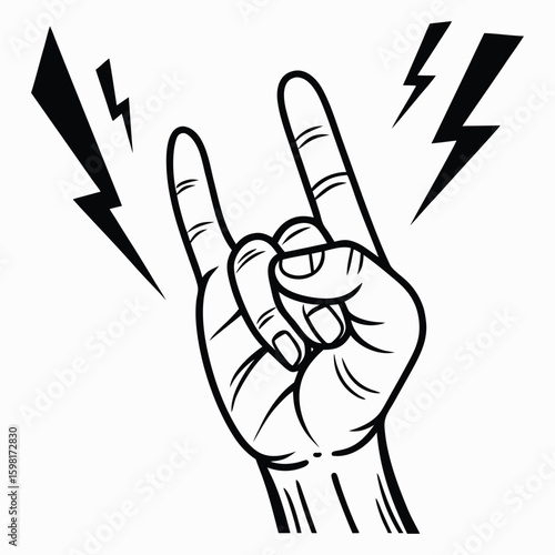 Electrifying rock and roll hand sign with lightning bolts