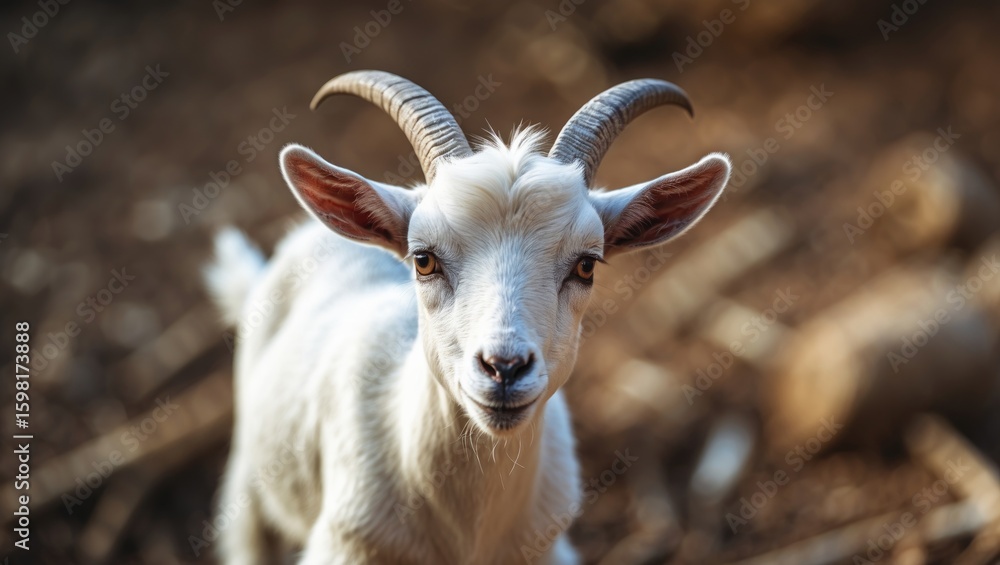 Fototapeta premium Close-up of a goat with curved horns in a natural environment. Animal photography, wildlife, farm animal. Focus on the goat's face and expressive eyes.