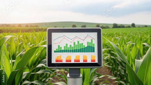 Digital display showing agricultural data in a cornfield, illustrating modern farming technology and crop monitoring.