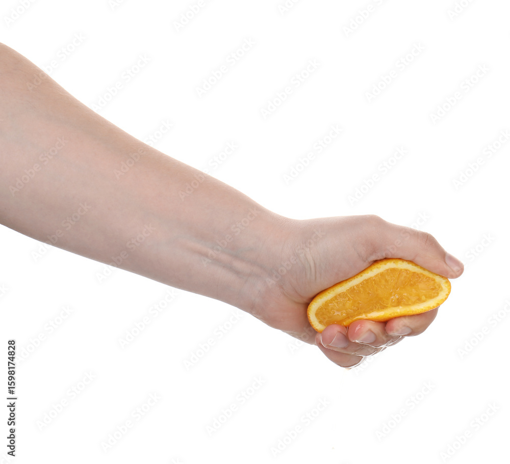 Woman squeezing orange on white background, closeup Woman squeezing orange on white background, closeup