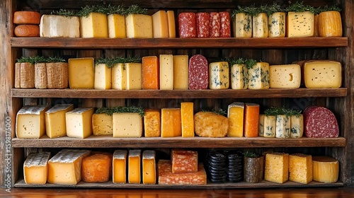 Wallpaper Mural Wooden display shelves filled with assorted cheeses and cured meats. Torontodigital.ca