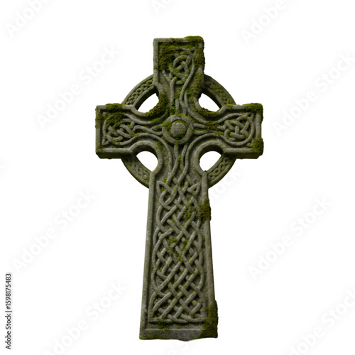 Isolated Photo Mossy Celtic Cross on Black Background