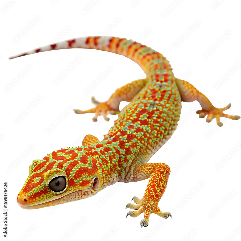 Naklejka premium Vibrant Gecko With Orange Green Spots isolated on a transparent background reptile