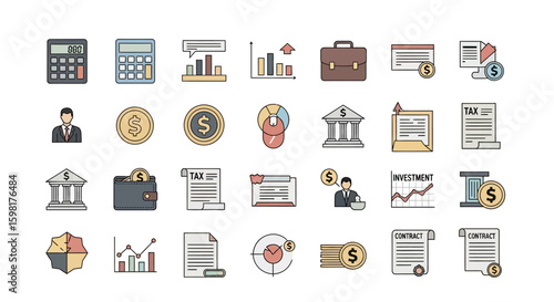 Collection of colorful financial icons depicting business, banking, and investment concepts.
