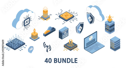 Isometric illustration showcasing a bundle of digital technology icons, including cloud computing, AI, security, data storage, and processing elements in blue and gold.