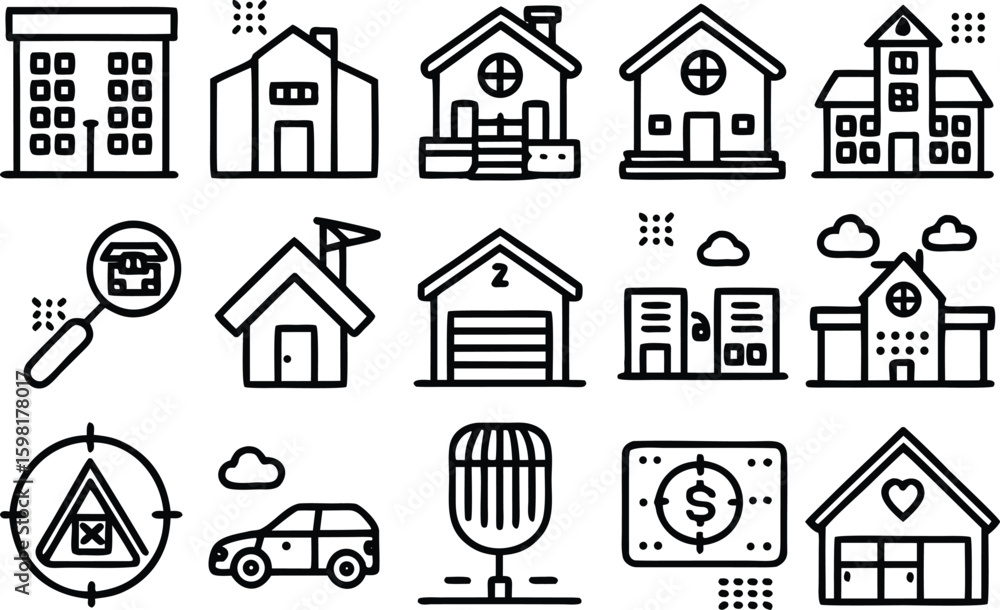 Fototapeta premium Real Estate and Property Line Editable Icon Set. Containing house, building, apartment, home search, garage, city, car, money, and more. Editable stroke. Vector illustration.