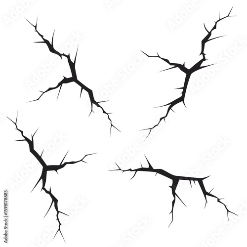 Four Black Cracked Surface Graphic Elements on White Background fracture break