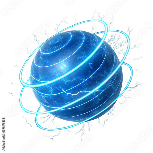 Captivating blue sphere pulsating with vibrant electric energy surrounded by glowing rings against stark black creating