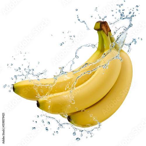 Isolated Photo of Bananas with Water Splash on Black Background