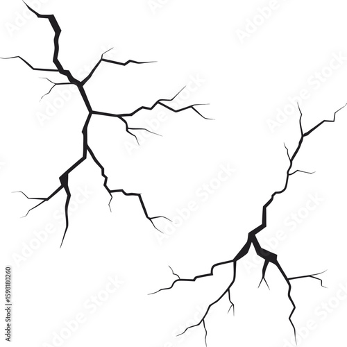 Two black jagged cracks on a white background fracture break