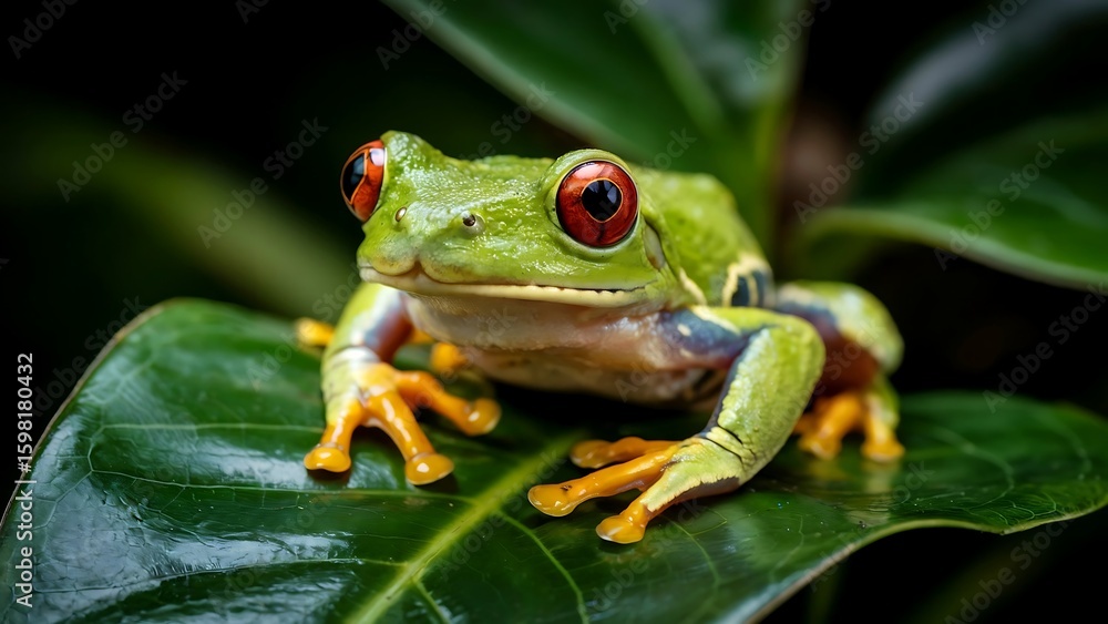 Naklejka premium Vibrant green red eyed tree frog perched on a large wet leaf in a dark lush rainforest environment