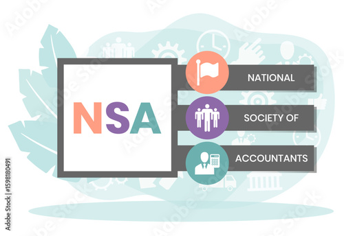 NSA - National Society of Accountants acronym. business concept background. vector illustration concept with keywords and icons. lettering illustration with icons for web banner, flyer