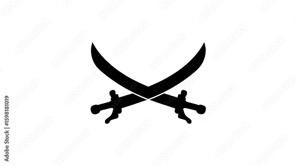 Naklejka premium Black silhouette of two crossed pirate swords with curved blades and classic handles