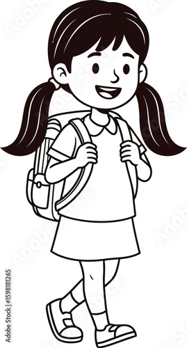 Vector art of a happy schoolgirl with a backpack is walking to school with a bright smile