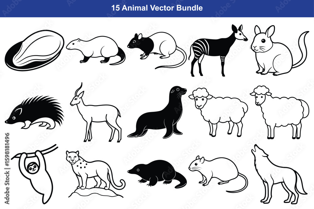 Fototapeta premium Collection of diverse animal illustrations in black and white