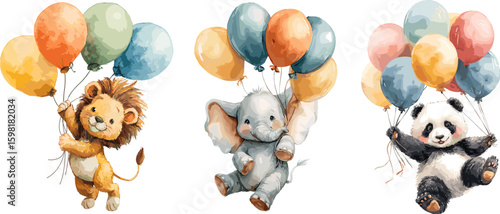 Animals on balloons. Watercolor baby animal flying ballon, cute lion fly funny elephant panda bear in sky nursery child center childish birthday baby shower vector illustration
