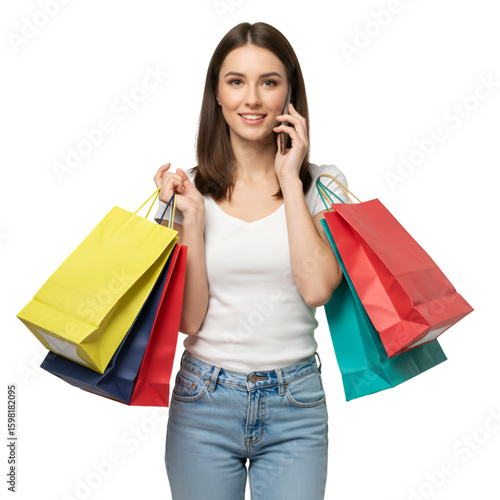 Isolated Photo of Woman with Shopping Bags Talking on Phone