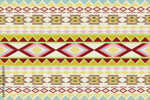 seamless geometric pattern, colorful and intricate geometric pattern composed of multiple horizontal bands. Each band contains repeating shapes such as diamonds, triangles, and rectangles 