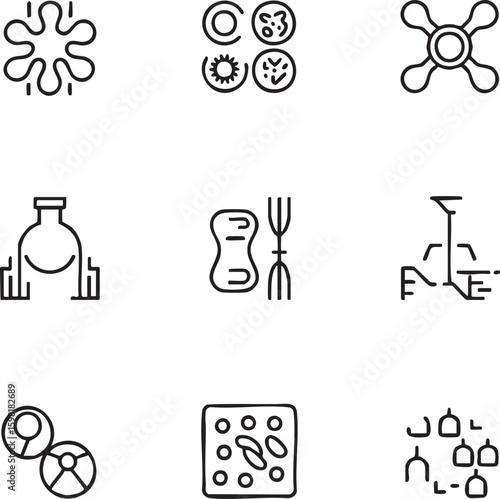 Science and laboratory vector icon set outline style,editable stroke petri dish,lab equipment,microscope,virus,pill,test tubes,cells,lab coat,spinner,sanitizer icon set