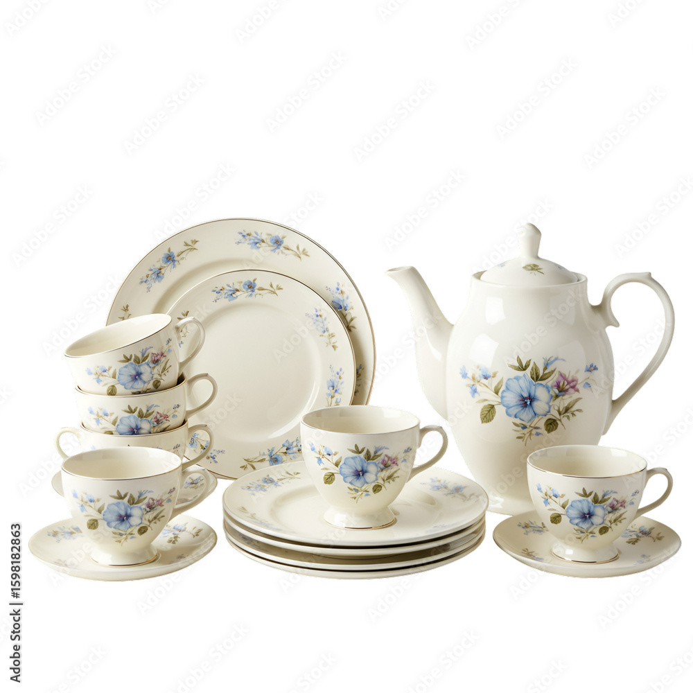 Fototapeta premium Isolated Porcelain Tea Set Photo with Floral Design