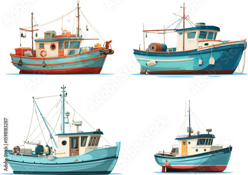 Fisherman boats. Cartoon boat for professional fishing with net, fishery industry seafood production fish marine ships vessels towboat shipping set vector illustration