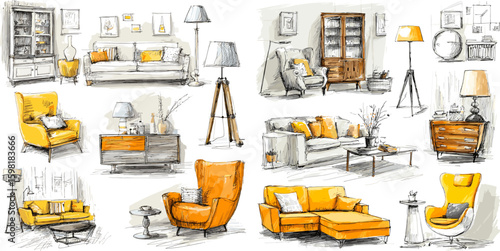 Furniture interior sketches. Home cozy furnitures architect plan living room design sketch sofa couch chair torcher lamp sideboard dresser nightstand watercolor vector illustration