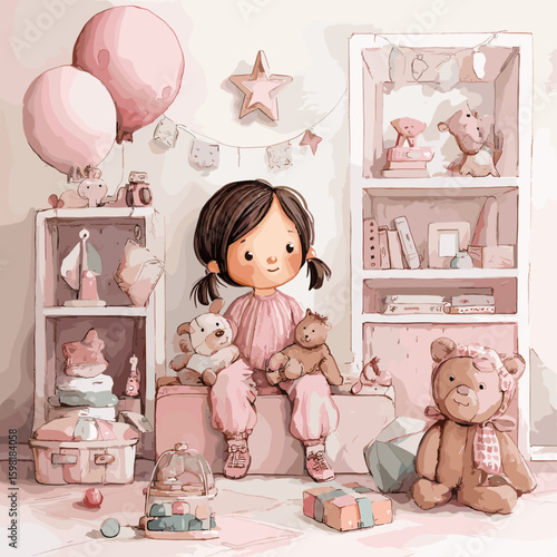 Girl plays toys. Baby play game in girls nursery room, watercolor child home interior pink wall toy plush teddy bear balloon cabinet shelves playing toddler kid vector illustration