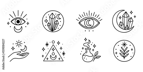 Mystical boho style minimal line art icon set. black and white, clean doodle style. Ideal for logo, tattoo, app, coloring book, web design, infographics, banner, poster, and more. Vector illustration