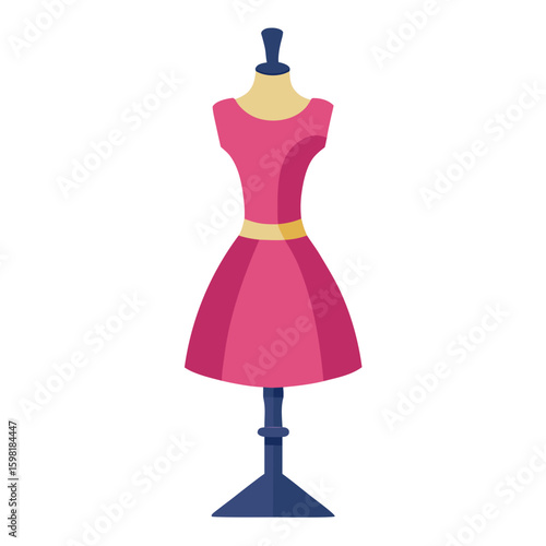 A dress form mannequin displaying a pink sleeveless dress with a fitted bodice, flared skirt, and yellow belt, mounted on a dark blue adjustable stand with a cream-colored bust form.