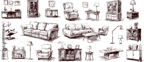 Home furniture sketches. Living room furnitures sketches set, cozy sofa couch chair torcher lamp sideboard cabinet dresser nightstand coffee table hand drawn vector illustration