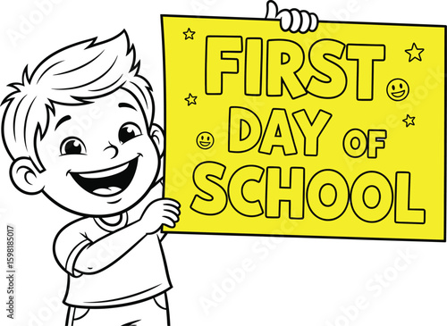 Vector art of a happy boy holding a sign that says first day of school