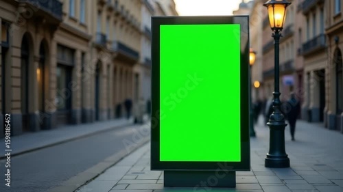Green screen banner stands tall in a street evening scene, —ideal for visual campaigns, digital ads, branding, outreach, billboard mockups, and street promotions.