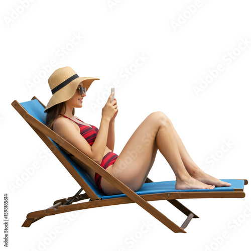 Isolated Photo of Woman Relaxing on Beach Chair Using Phone