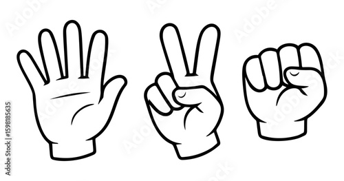 Rock paper scissors hand sign set black and white icon clean line art, doodle style. Ideal for logo, tattoo, app, coloring book, web design, infographics, banner, poster, and more. Vector illustration