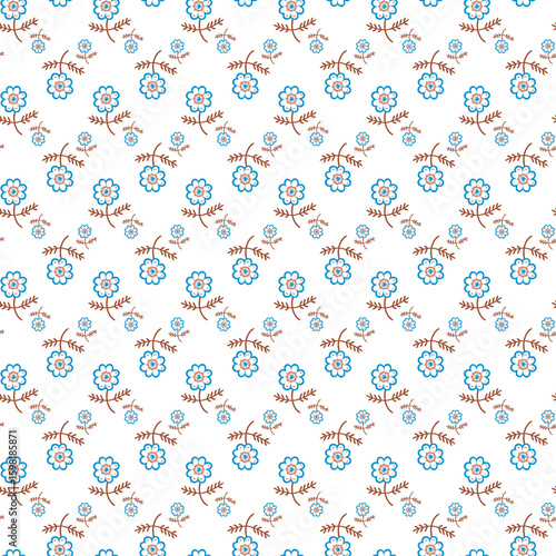 Seamless Floral Pattern with Blue Flowers and Red Branches