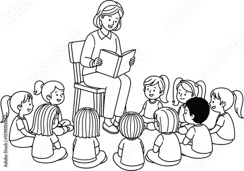 Vector art of a teacher reading to a group of children sitting in a circle in the classroom