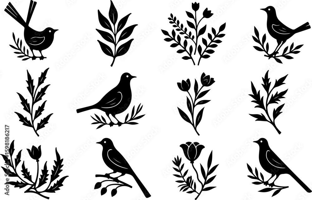 Naklejka premium Stylized Nature and Tribal Tattoo Elements Collection