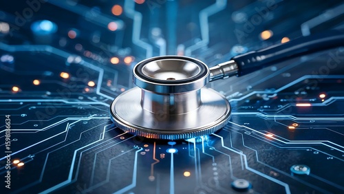 Stethoscope resting on a glowing blue circuit board representing digital health and technological innovation in medicine
