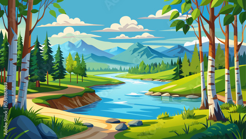 Very beautiful summer river or lake surrounded by young birch forest, clear bright blue sky, summertime sunny day panoramic landscape