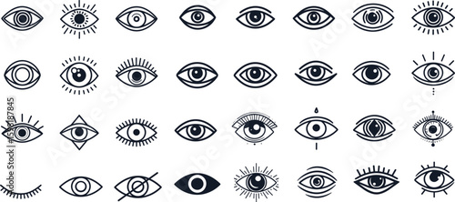 Outline eyes logo. Eye line web icons set, open closed eyelids with eyelashes demon eyeball vision lens look sight view symbol pictogram shape abstract insight vector illustration