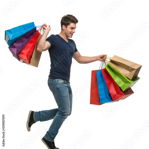 Isolated Photo of Man Jumping with Colorful Shopping Bags