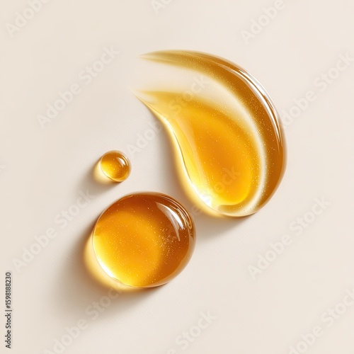 Golden serum drops and streaks on a light beige surface