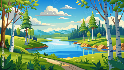 Very beautiful summer river or lake surrounded by young birch forest, clear bright blue sky, summertime sunny day panoramic landscape
