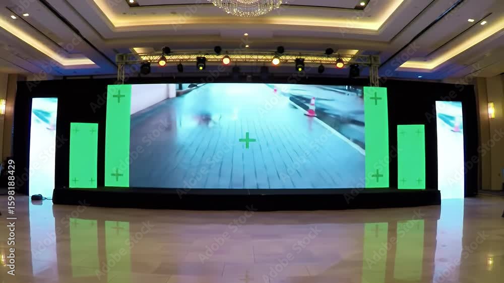 Modern Corporate Event Stage with Large LED Video Wall and Digital Displays in Grand Ballroom