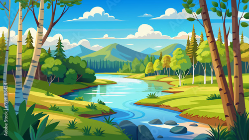 Very beautiful summer river or lake surrounded by young birch forest, clear bright blue sky, summertime sunny day panoramic landscape