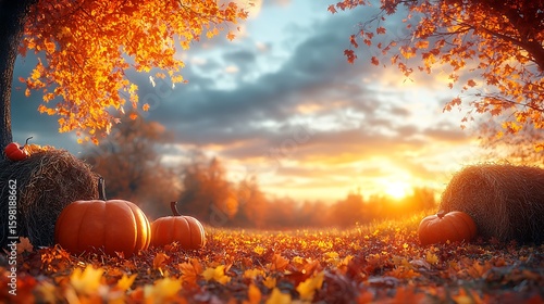 Autumn pumpkins and hay bales in a field with colorful leaves and sunset fall
