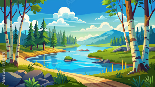 Very beautiful summer river or lake surrounded by young birch forest, clear bright blue sky, summertime sunny day panoramic landscape