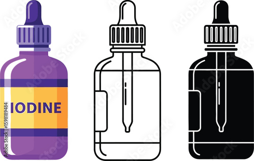 Iodine solution bottle vector illustration set antiseptic liquid medical treatment healthcare concept