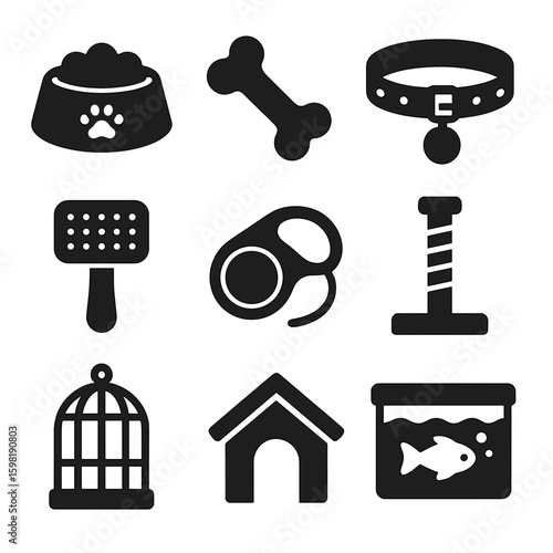 Pet Supply Icons. Solid style icons of pet supplies: pet food bowl, chew toy, collar with tag, grooming brush, leash handle,