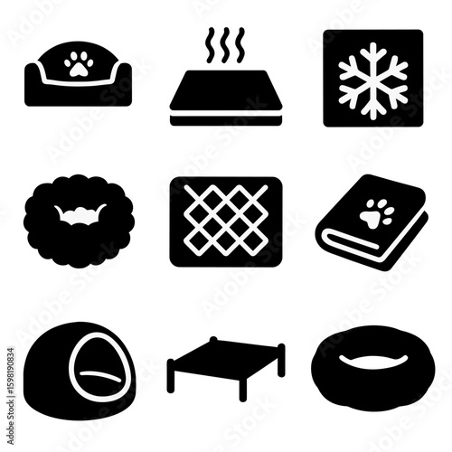 Comfortable Pet Bedding Icons. Solid style icons of bedding and comfort: orthopedic pet bed, heated mat, cooling pad, fluffy